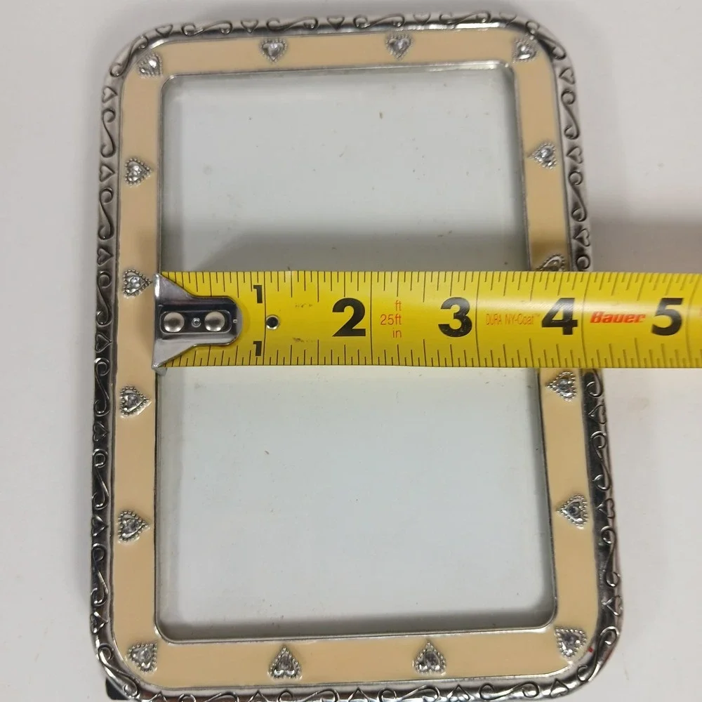 Photo Frame By Elsal Beige Enamel/Silver Tone With Hearts Rhinestones Swirl 5x7